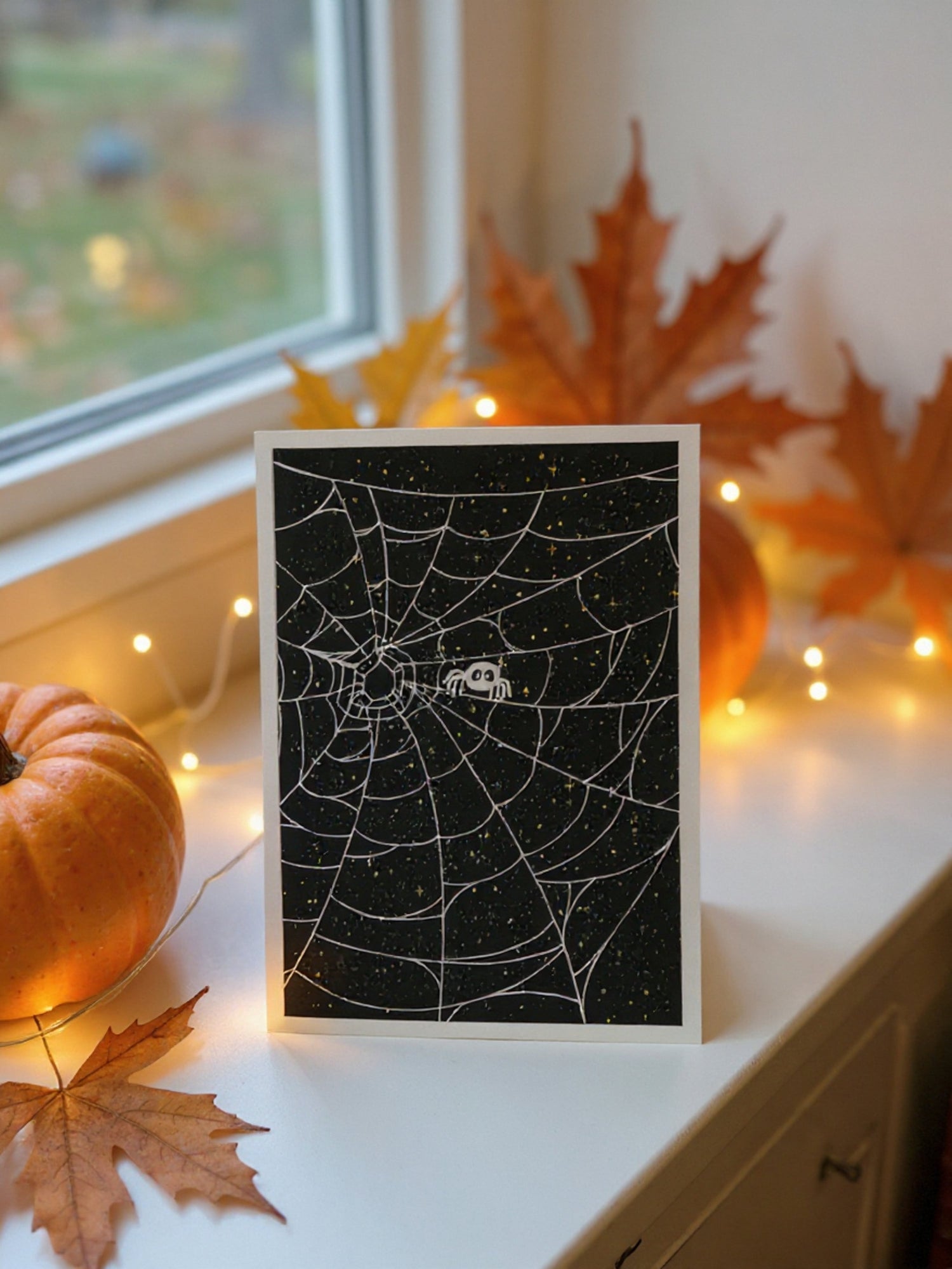 Handmade Halloween card featuring a white spiderweb with a cute cartoon spider against a black starry night background.